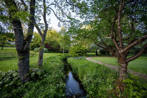 Tranquil stream flowing through lush green gardens framed by tall trees on a sunny day.