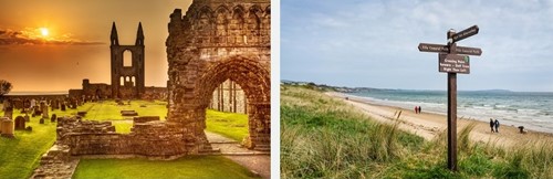 Ruins of St Andrews Cathedral at sunset beside a coastal path with directional signs to nearby landmarks.